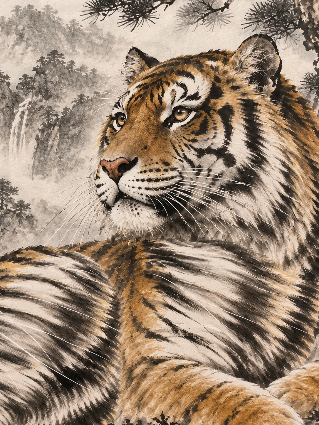Tiger in Quiet Contemplation | Misty Mountain Chinese Painting tiger painting view 7