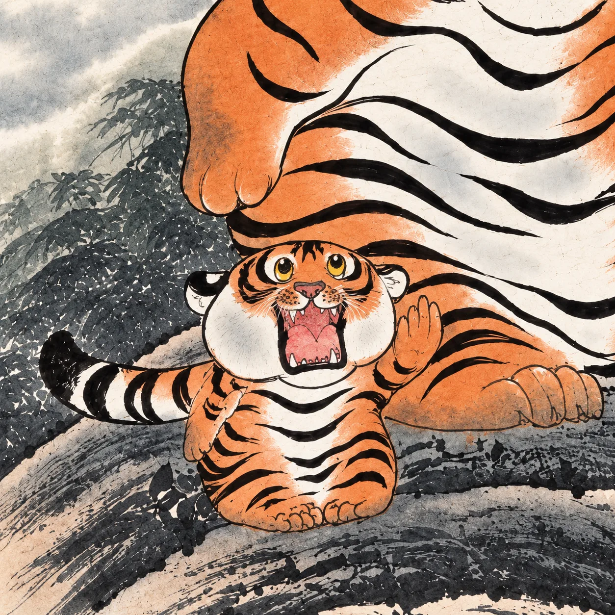 Tiger Mother and Cub | Round Fan Chinese Painting tiger painting view 8