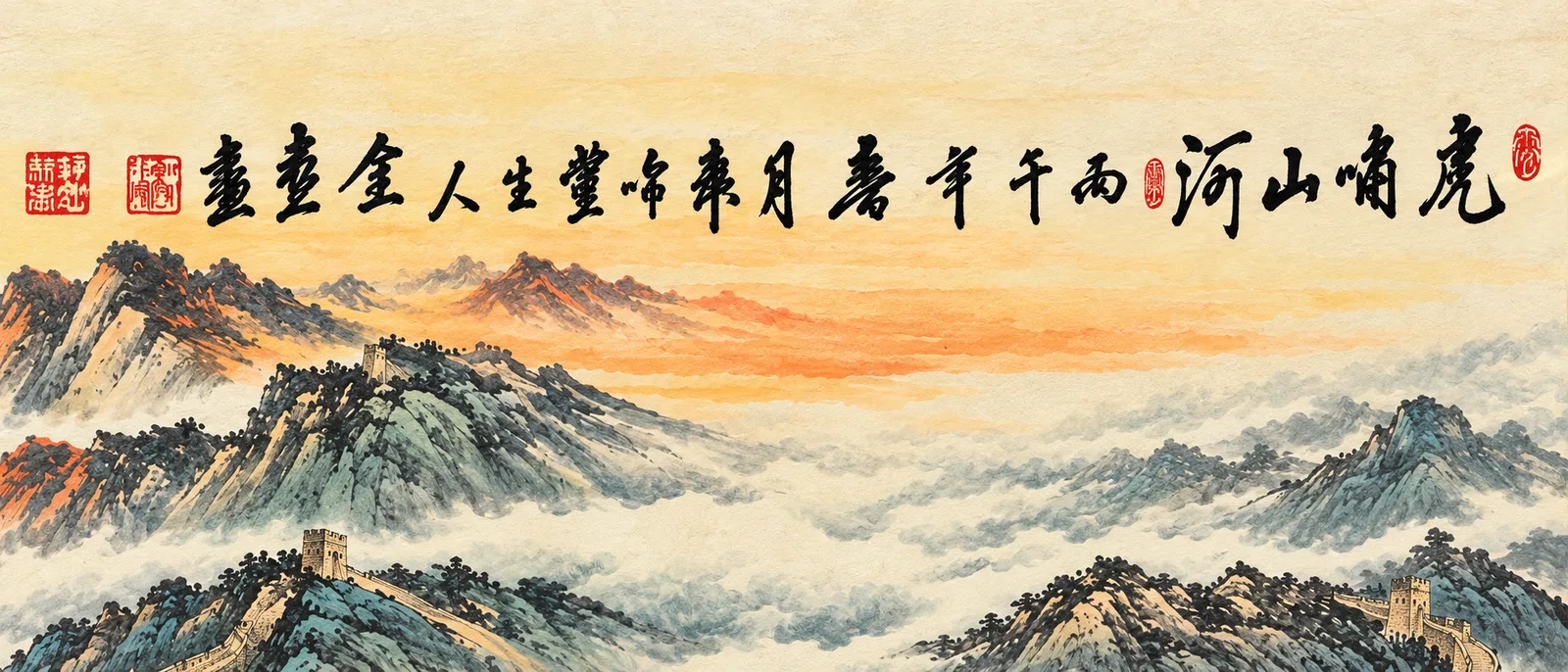 Tiger over the Great Wall | Panoramic Mountain and River Painting tiger painting view 5