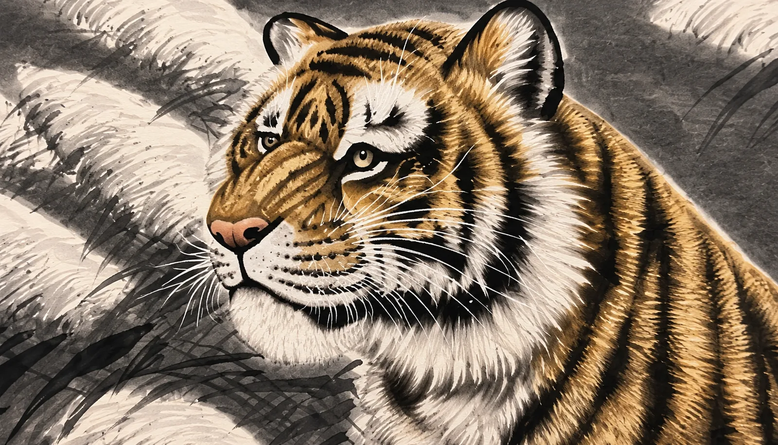 Tiger Roaring at the Moon | Snow Reeds Ink Painting tiger painting view 7