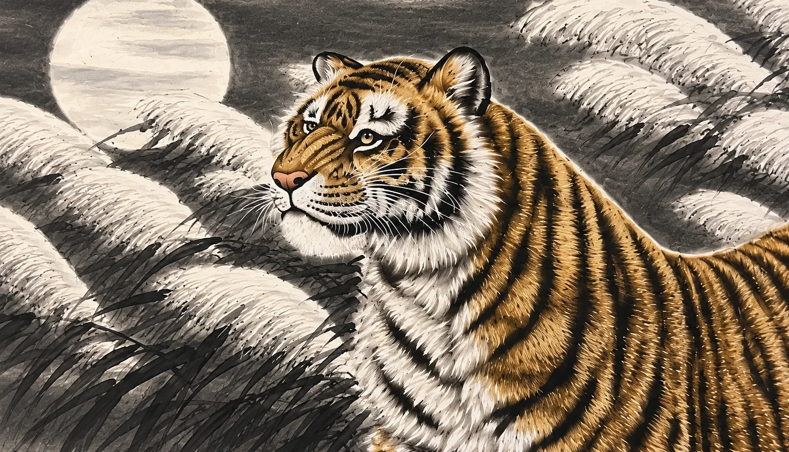 Tiger Roaring at the Moon | Snow Reeds Ink Painting tiger painting view 8