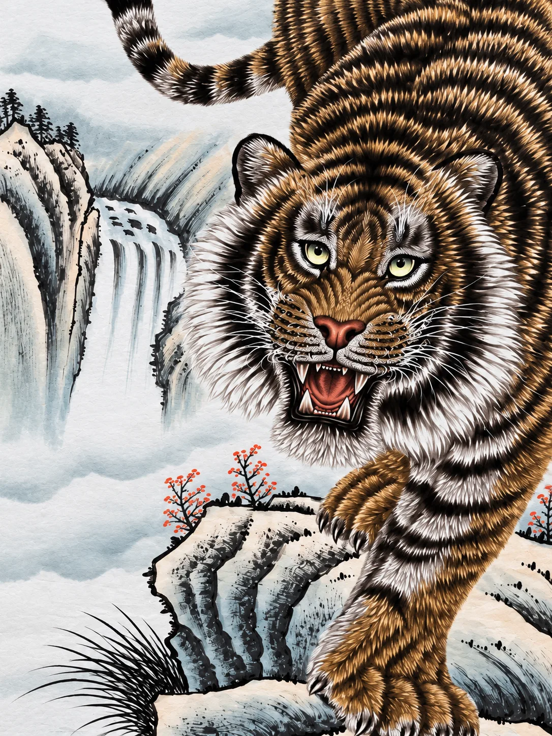 Tiger Roaring in the Stream Mountains | Chinese Gongbi Painting tiger painting view 8