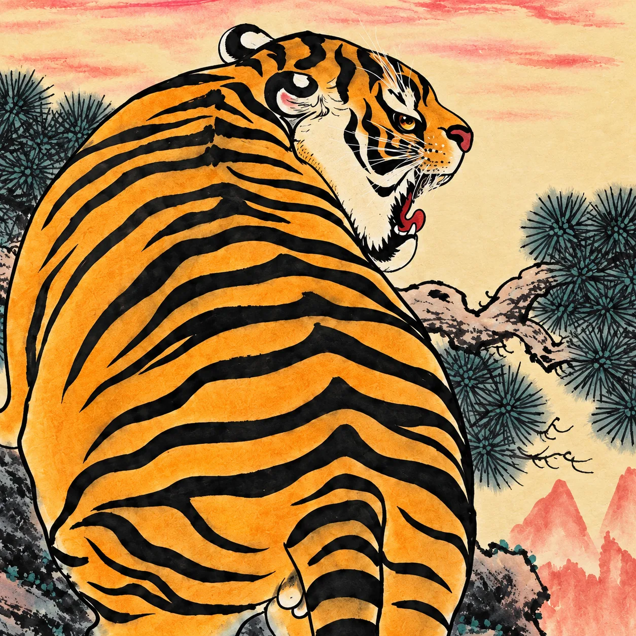 Tiger Watching the Rising Sun | Round Fan Chinese Painting tiger painting view 7