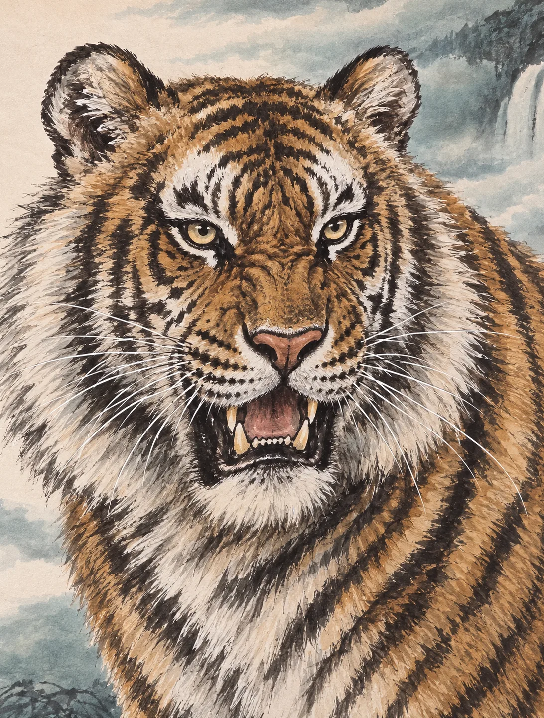 Twin Tigers above the Waterfall | Chinese Landscape Painting tiger painting view 4