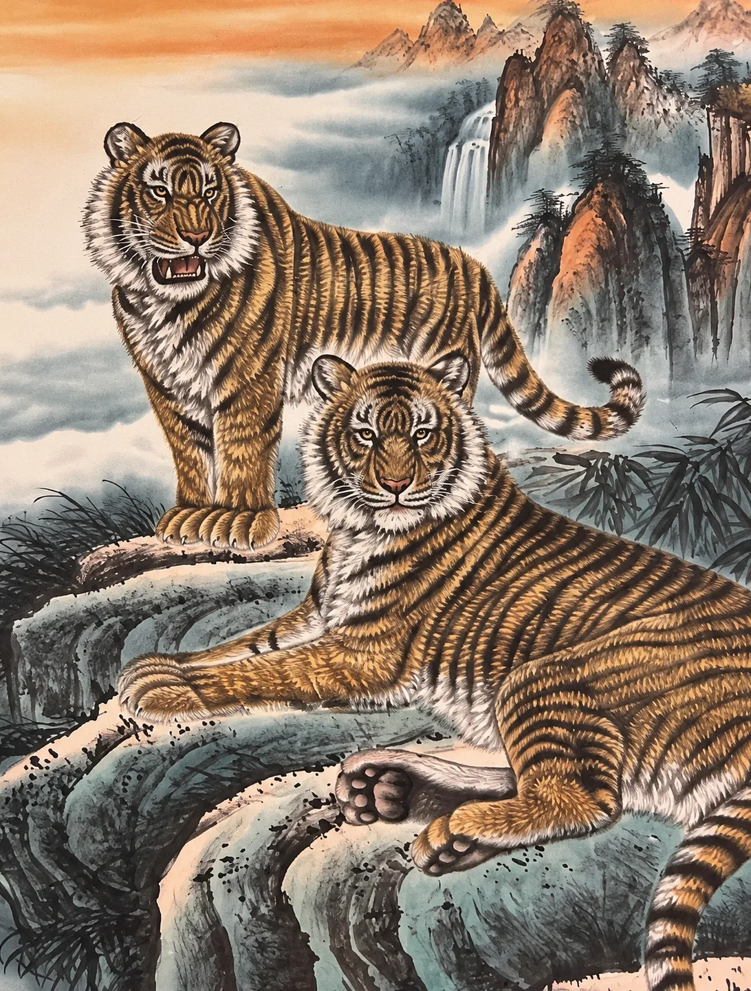 Twin Tigers above the Waterfall | Chinese Landscape Painting tiger painting view 5