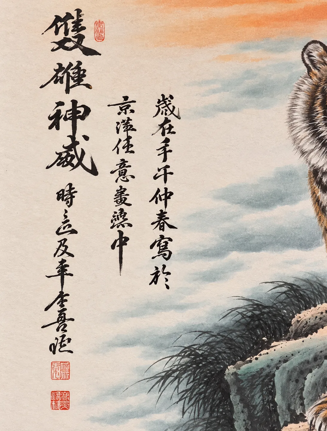 Twin Tigers above the Waterfall | Chinese Landscape Painting tiger painting view 6