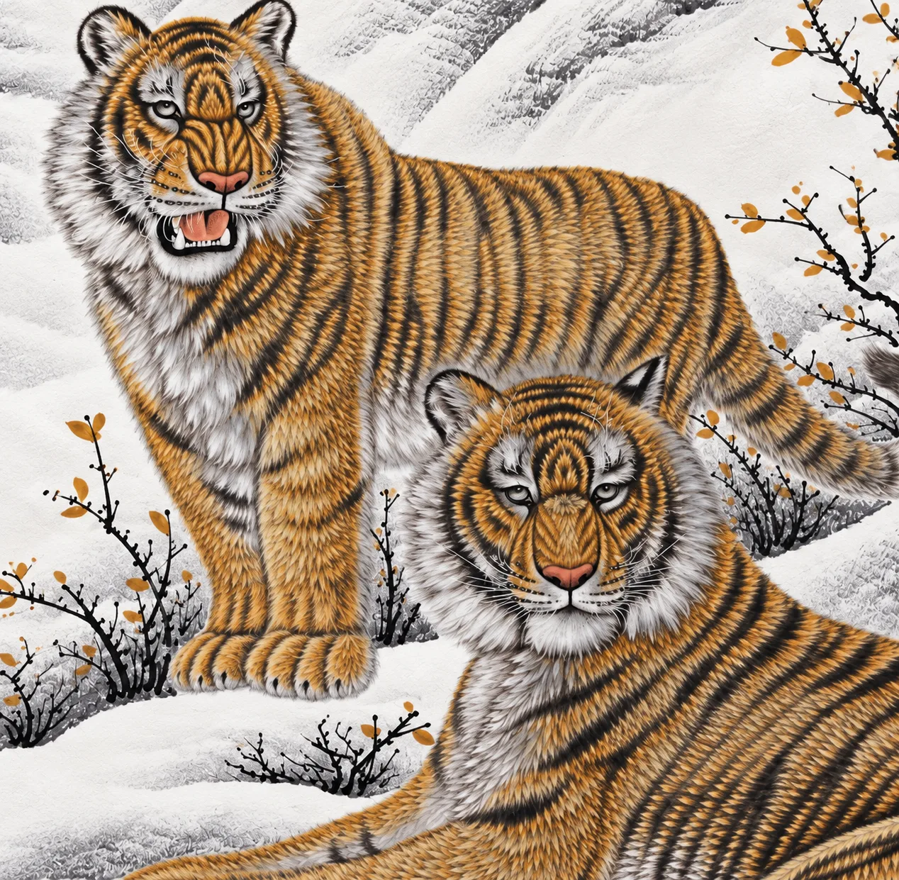 Two Tigers in the Snowfield | Winter Chinese Painting tiger painting view 8
