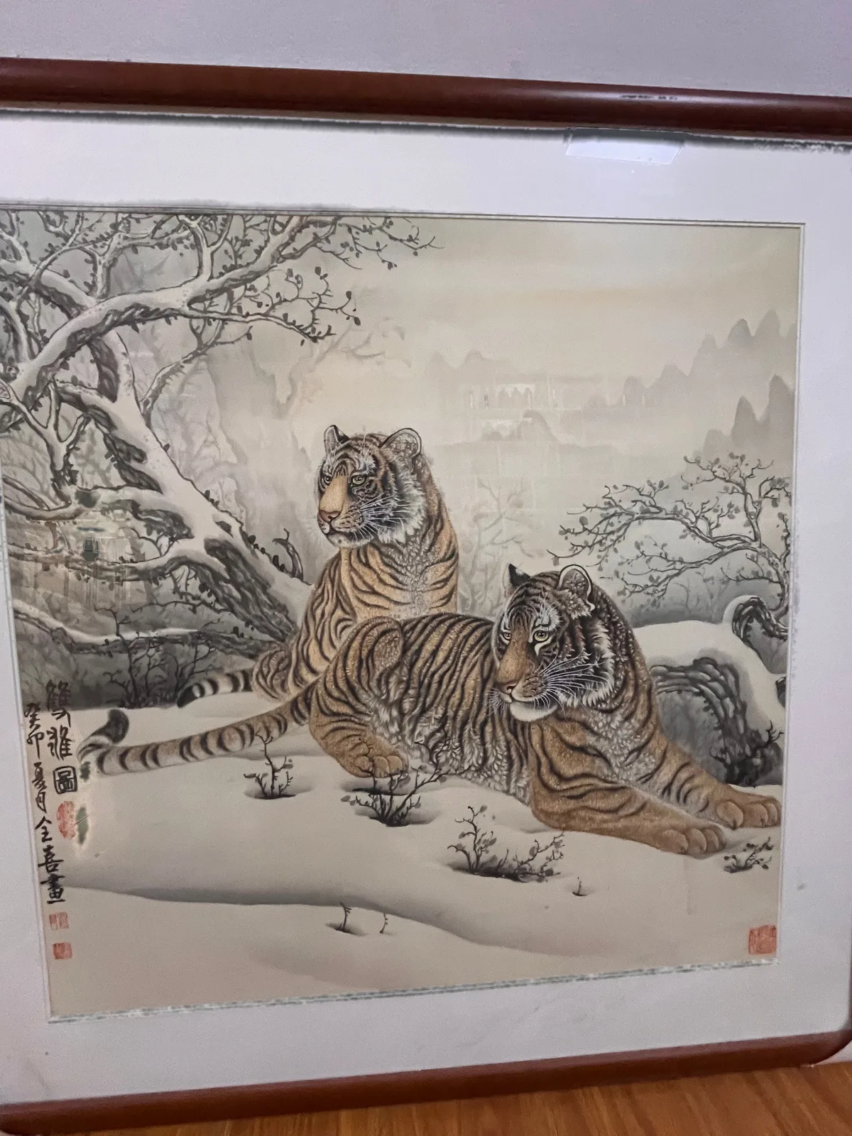 Two Tigers in Winter Snow | Chinese Gongbi Tiger Painting tiger painting view 5