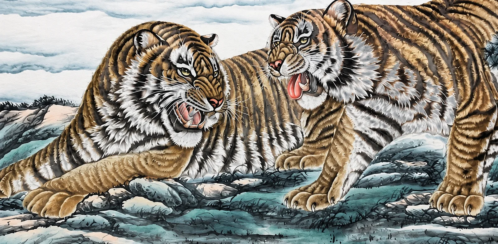 Two Tigers on the Misty Cliff | Chinese Tiger Painting tiger painting view 8