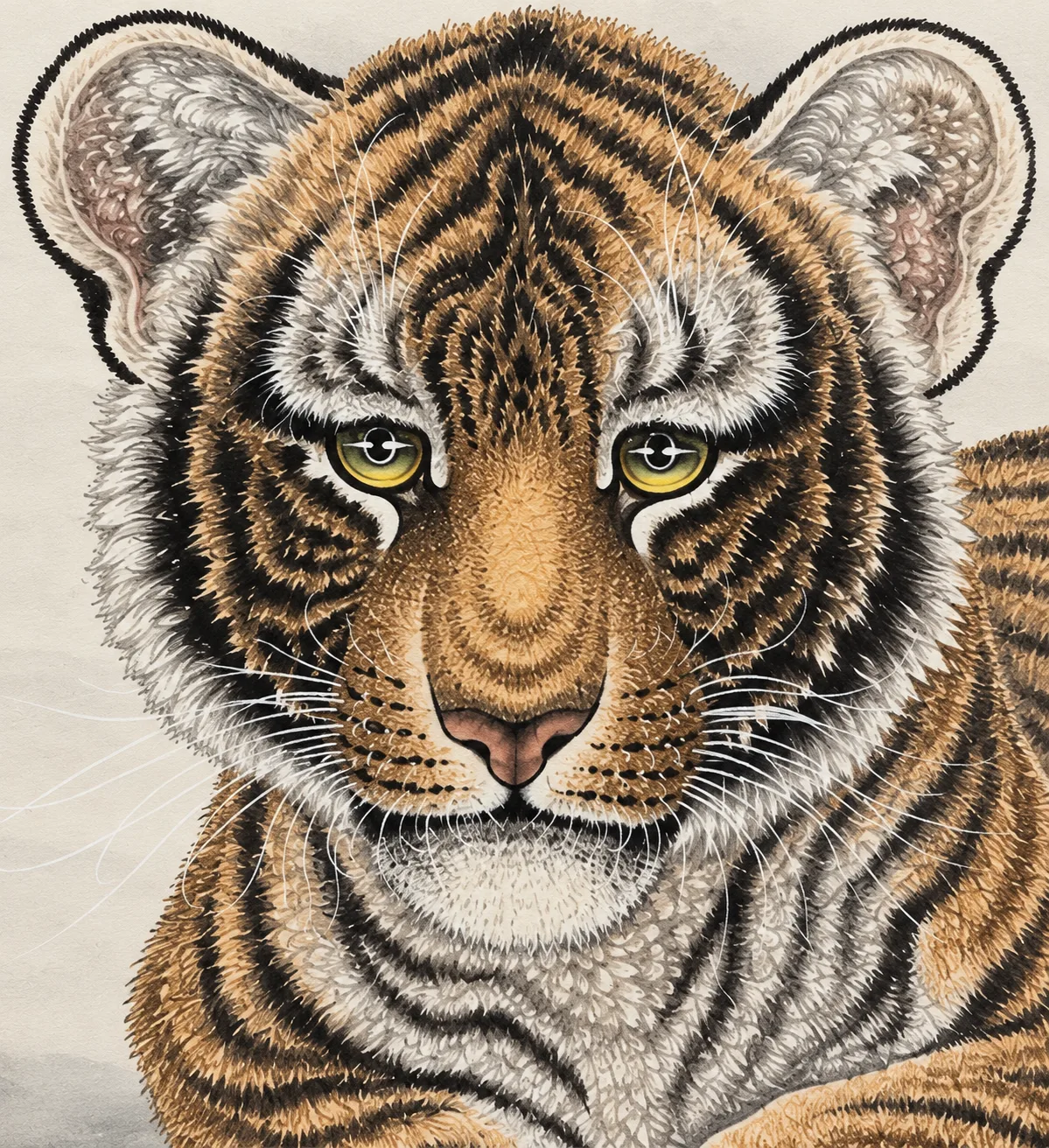 Young Tiger beneath the Pine | Chinese Gongbi Painting tiger painting view 4
