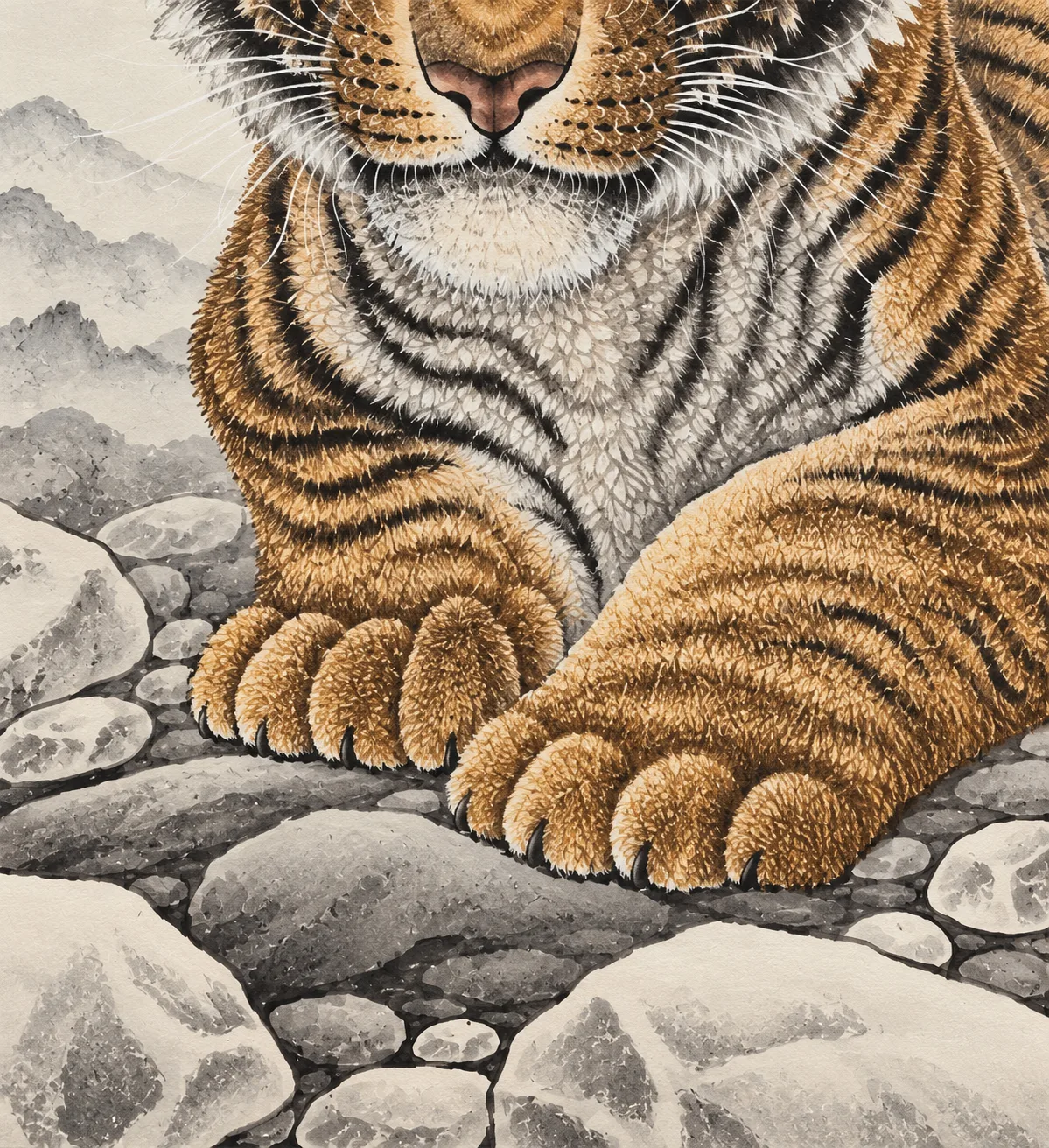 Young Tiger beneath the Pine | Chinese Gongbi Painting tiger painting view 5