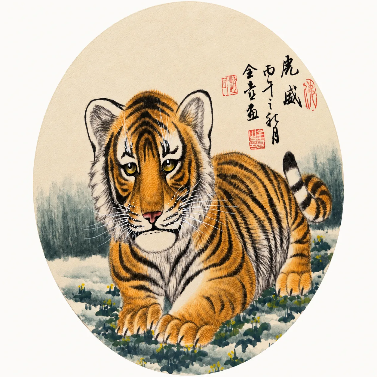 Prowling Tiger in the Meadow | Chinese Tiger Cub Painting