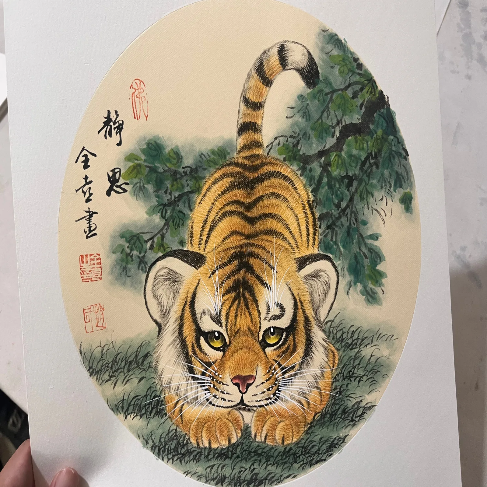 Quiet Thoughts in the Grass | Crouching Chinese Tiger Cub Painting tiger painting view 2