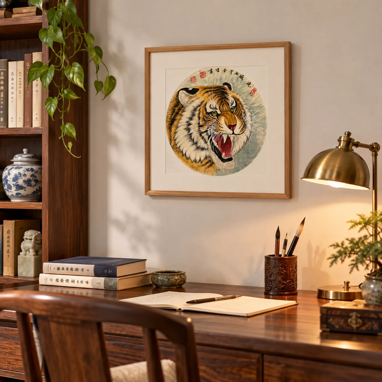 Roaring Tiger Head | Chinese Tiger Portrait on Grey Mist tiger painting view 3