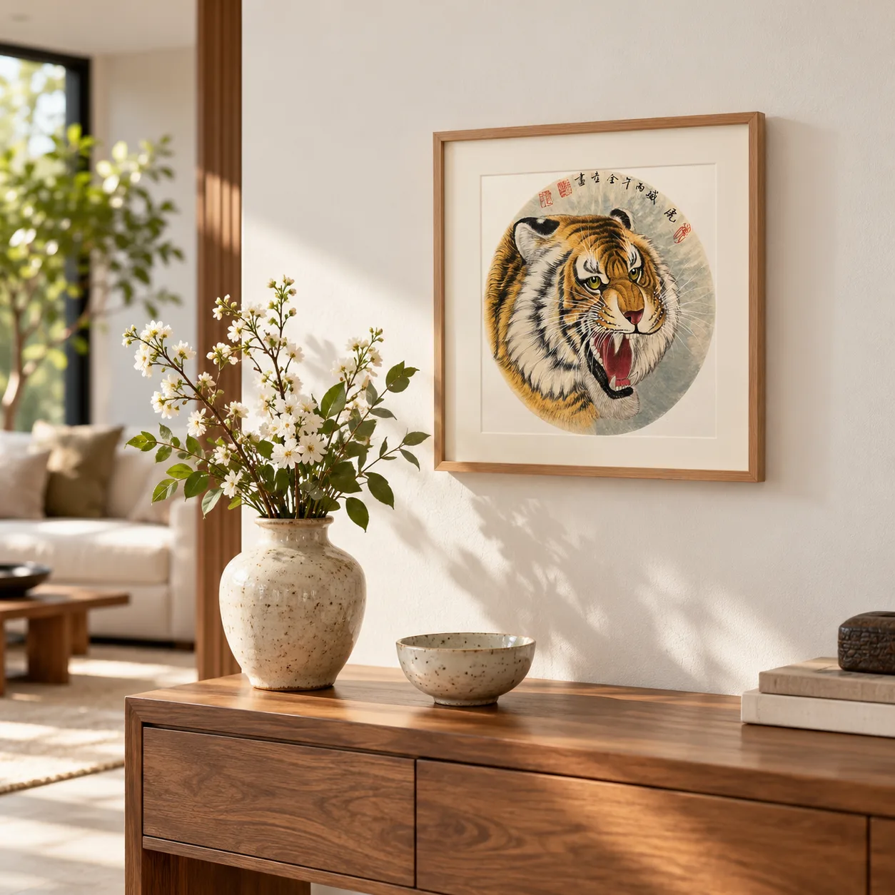 Roaring Tiger Head | Chinese Tiger Portrait on Grey Mist tiger painting view 4