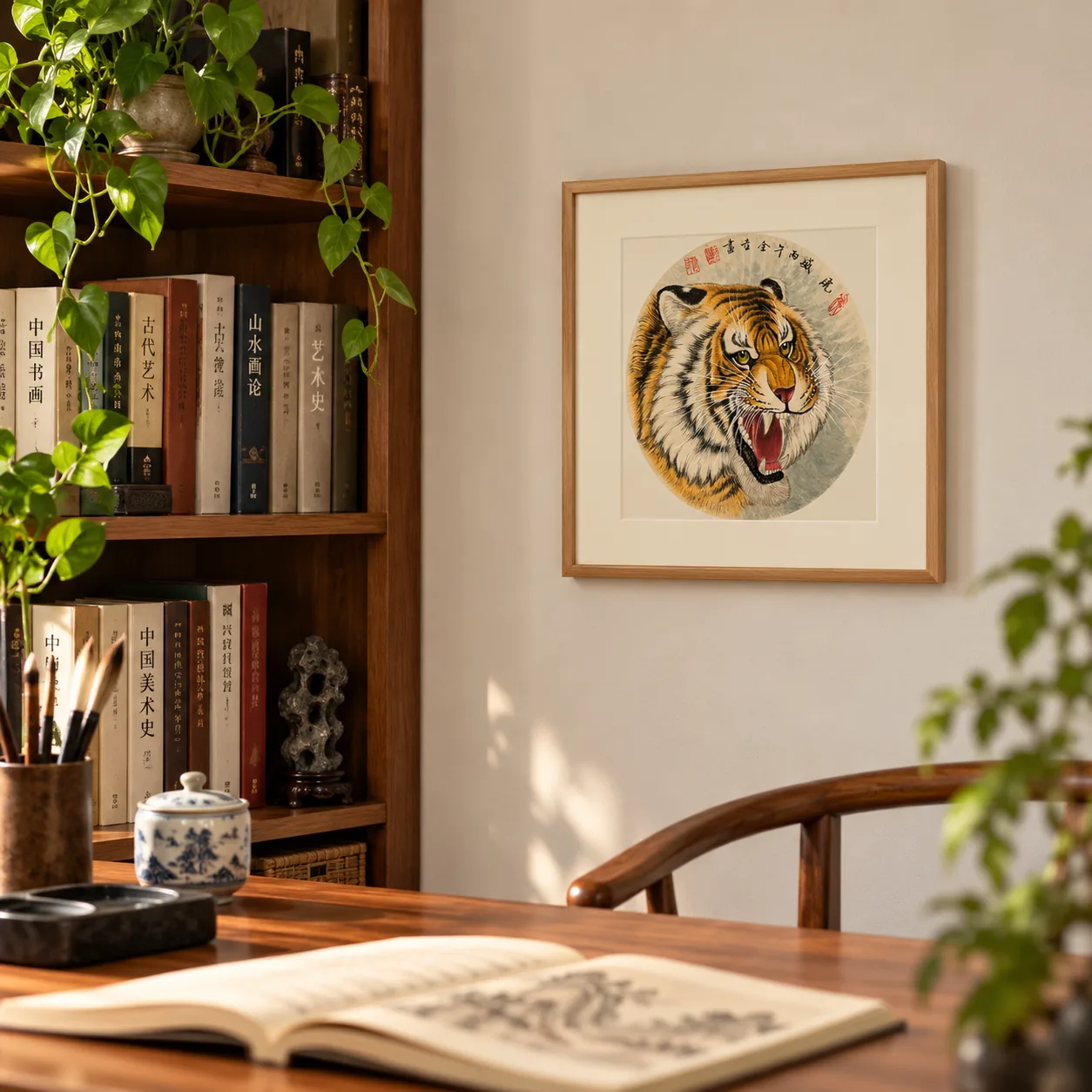 Roaring Tiger Head | Chinese Tiger Portrait on Grey Mist tiger painting view 5