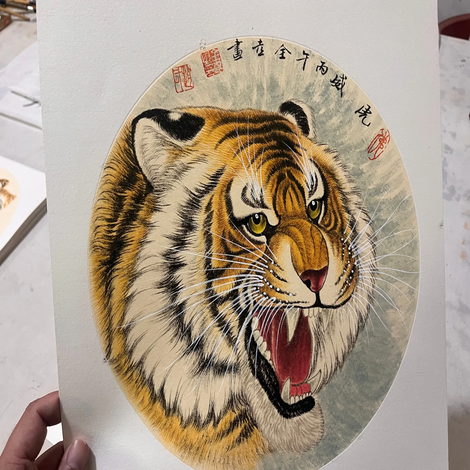 Roaring Tiger Head | Chinese Tiger Portrait on Grey Mist tiger painting view 2