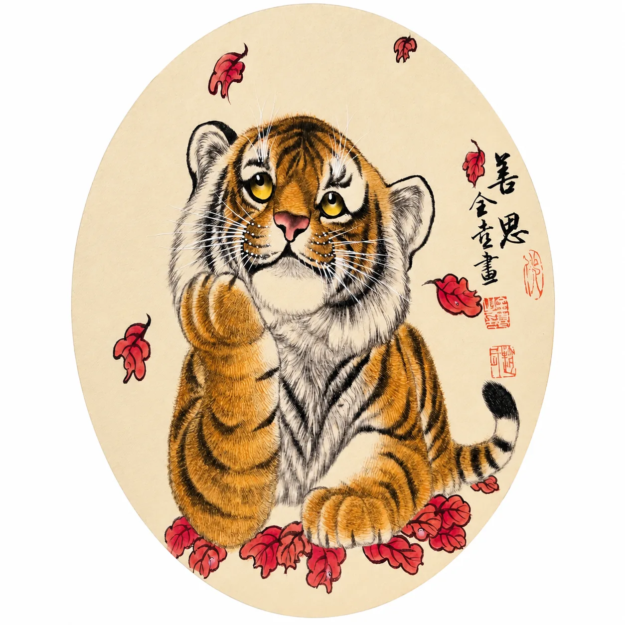 Thoughtful Tiger Cub | Autumn Leaves Cute Chinese Painting