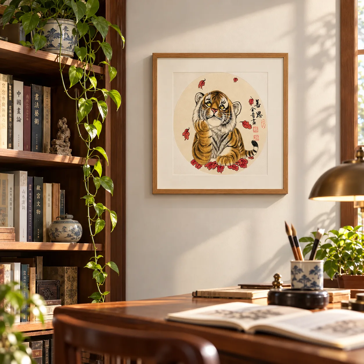 Thoughtful Tiger Cub | Autumn Leaves Cute Chinese Painting tiger painting view 4