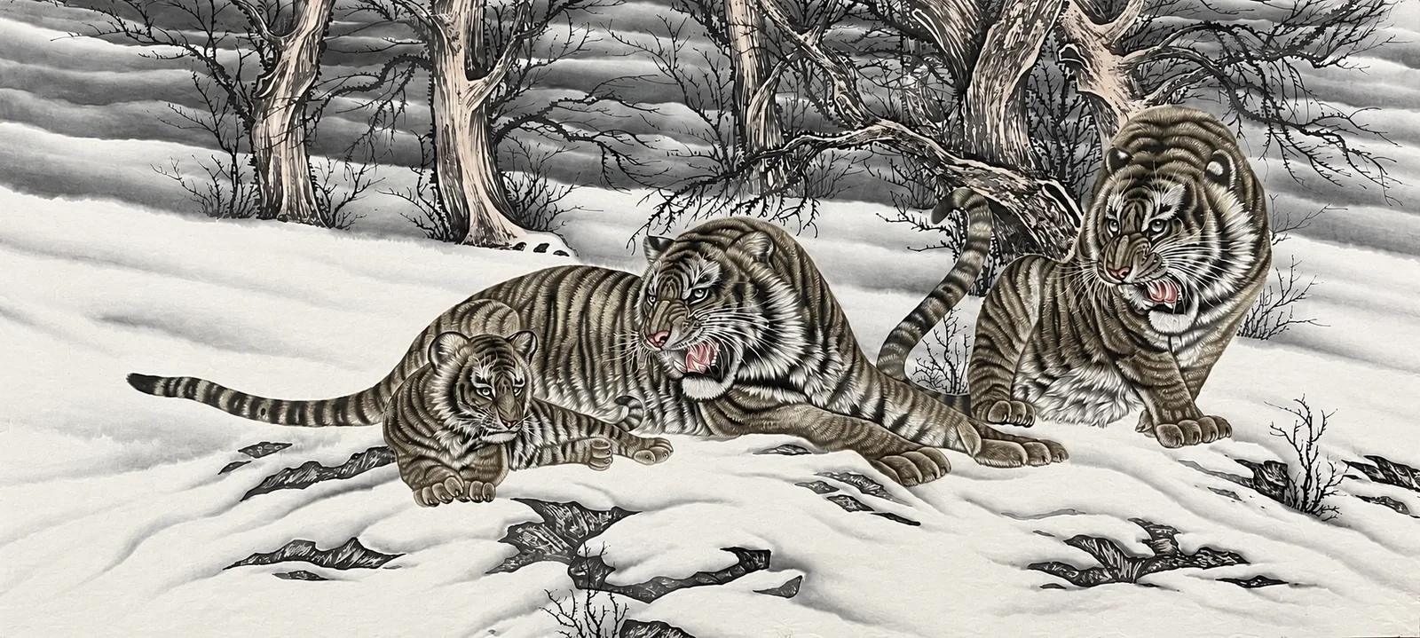 Three Tigers in the Snow Field | Ink Winter Tiger Group