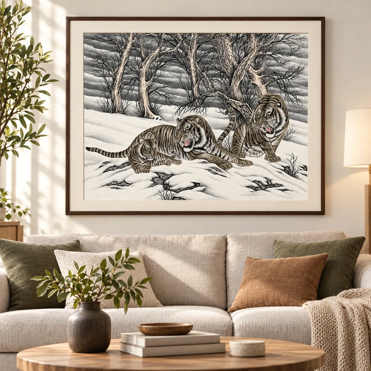 Three Tigers in the Snow Field | Ink Winter Tiger Group tiger painting view 9