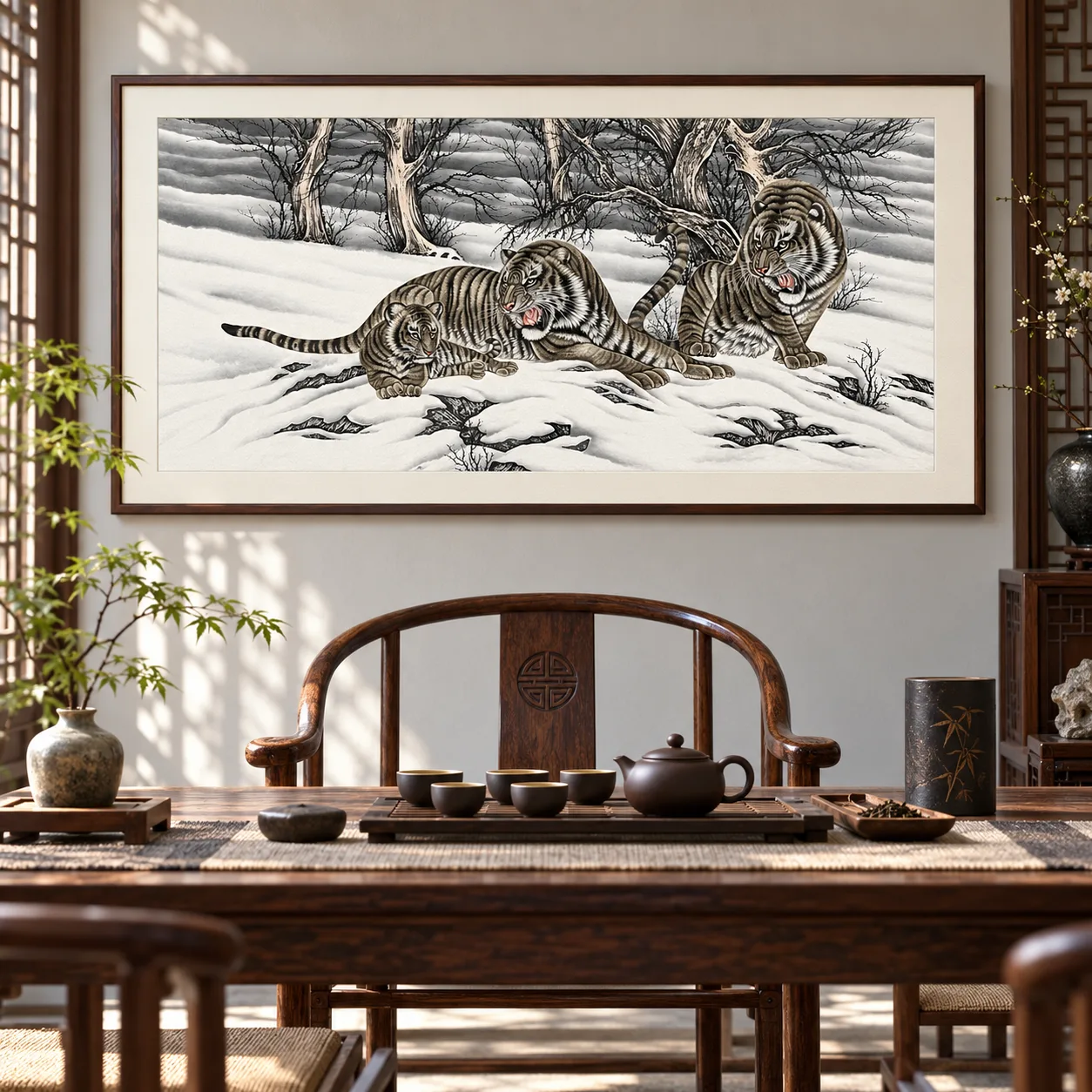 Three Tigers in the Snow Field | Ink Winter Tiger Group tiger painting view 10