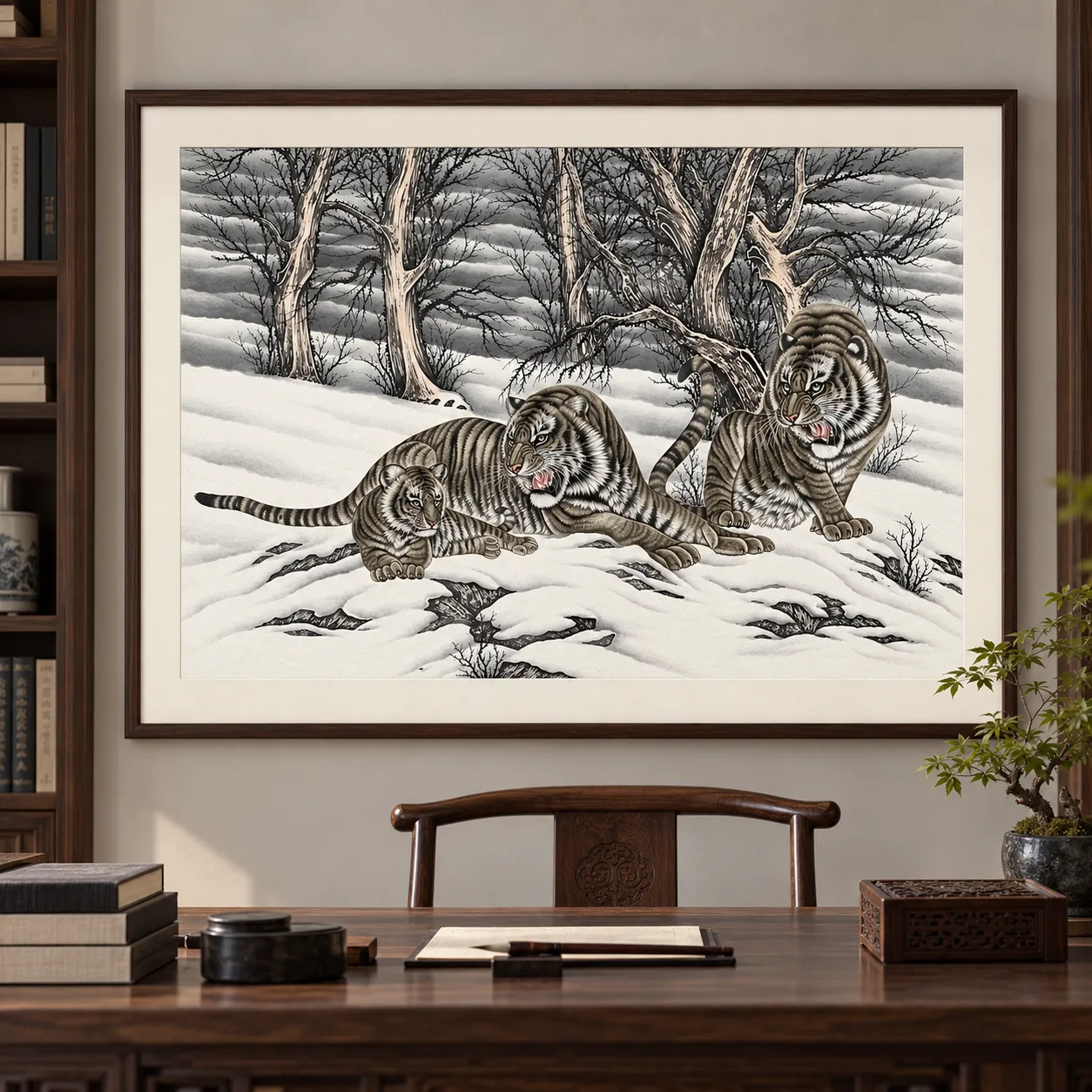 Three Tigers in the Snow Field | Ink Winter Tiger Group tiger painting view 11