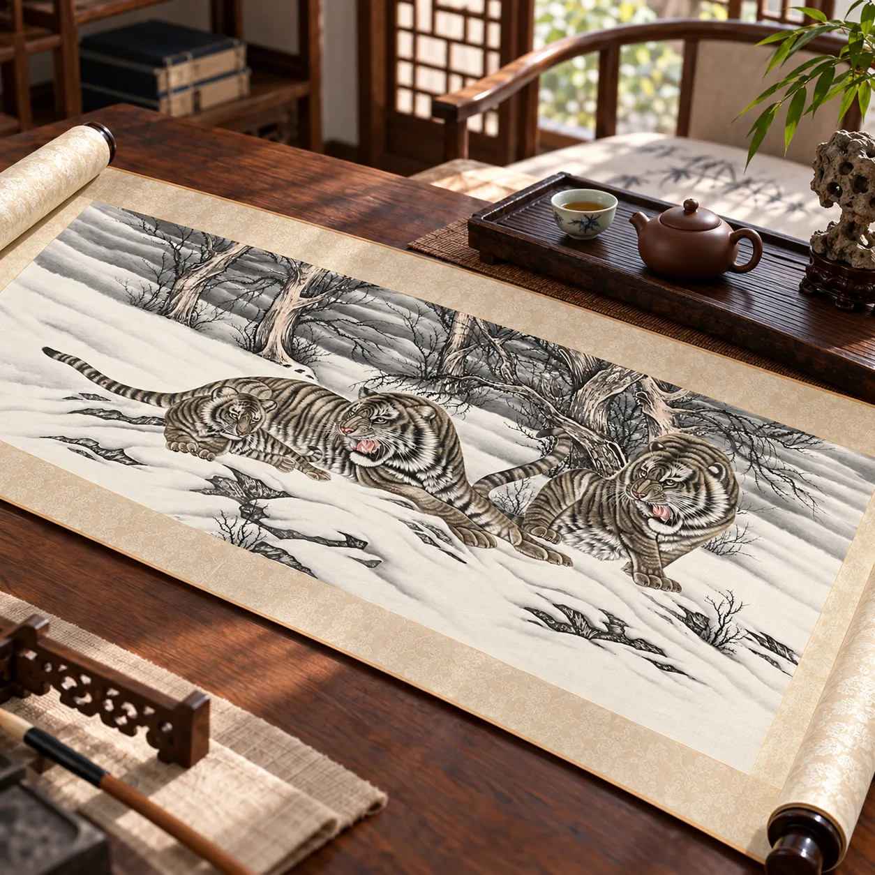 Three Tigers in the Snow Field | Ink Winter Tiger Group tiger painting view 3