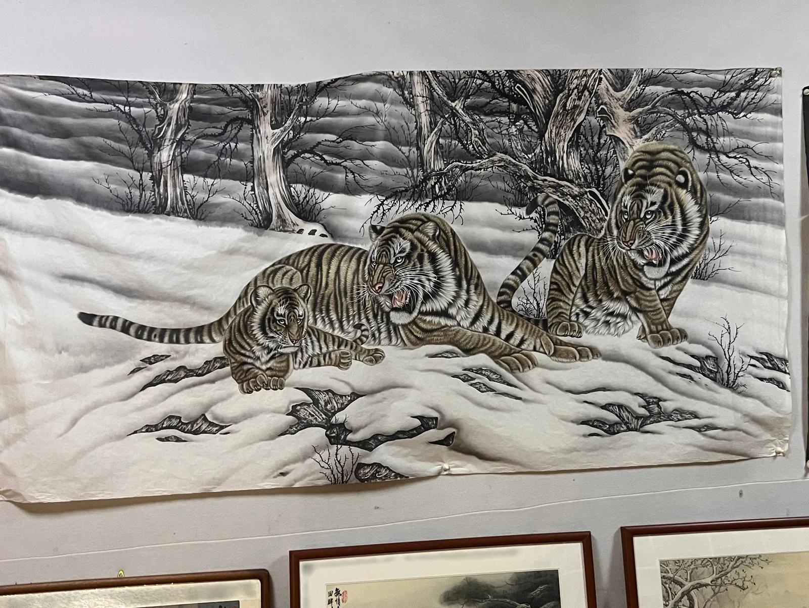 Three Tigers in the Snow Field | Ink Winter Tiger Group tiger painting view 2
