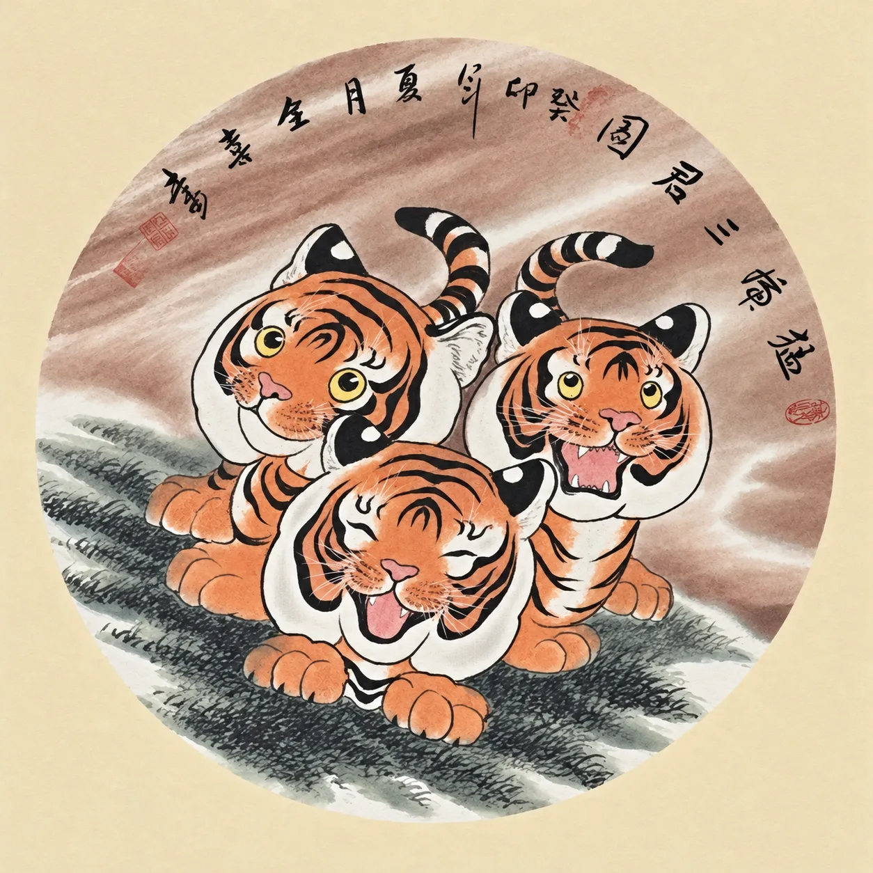 Three Young Tigers | Round Fan Chinese Painting