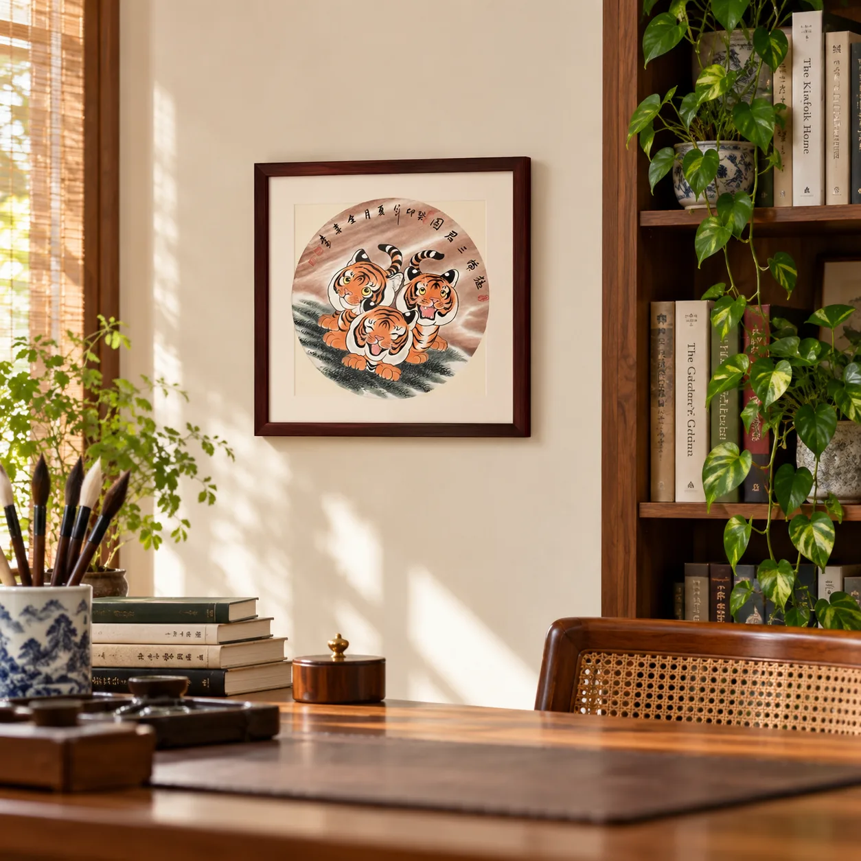 Three Young Tigers | Round Fan Chinese Painting tiger painting view 5