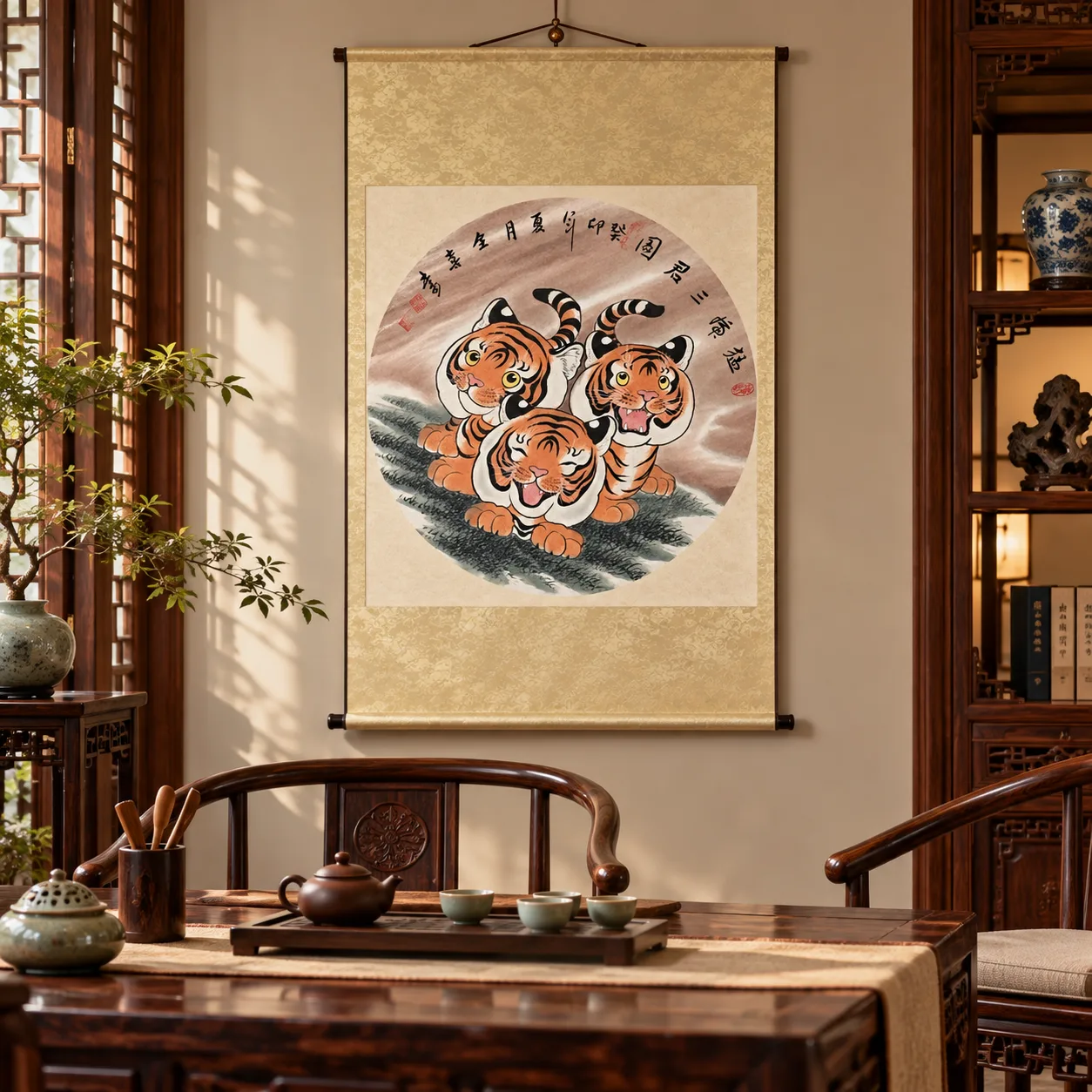 Three Young Tigers | Round Fan Chinese Painting tiger painting view 11