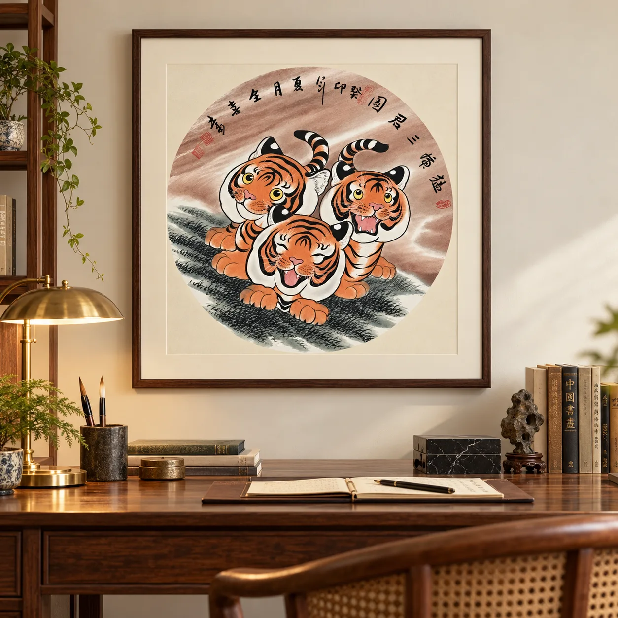 Three Young Tigers | Round Fan Chinese Painting tiger painting view 12