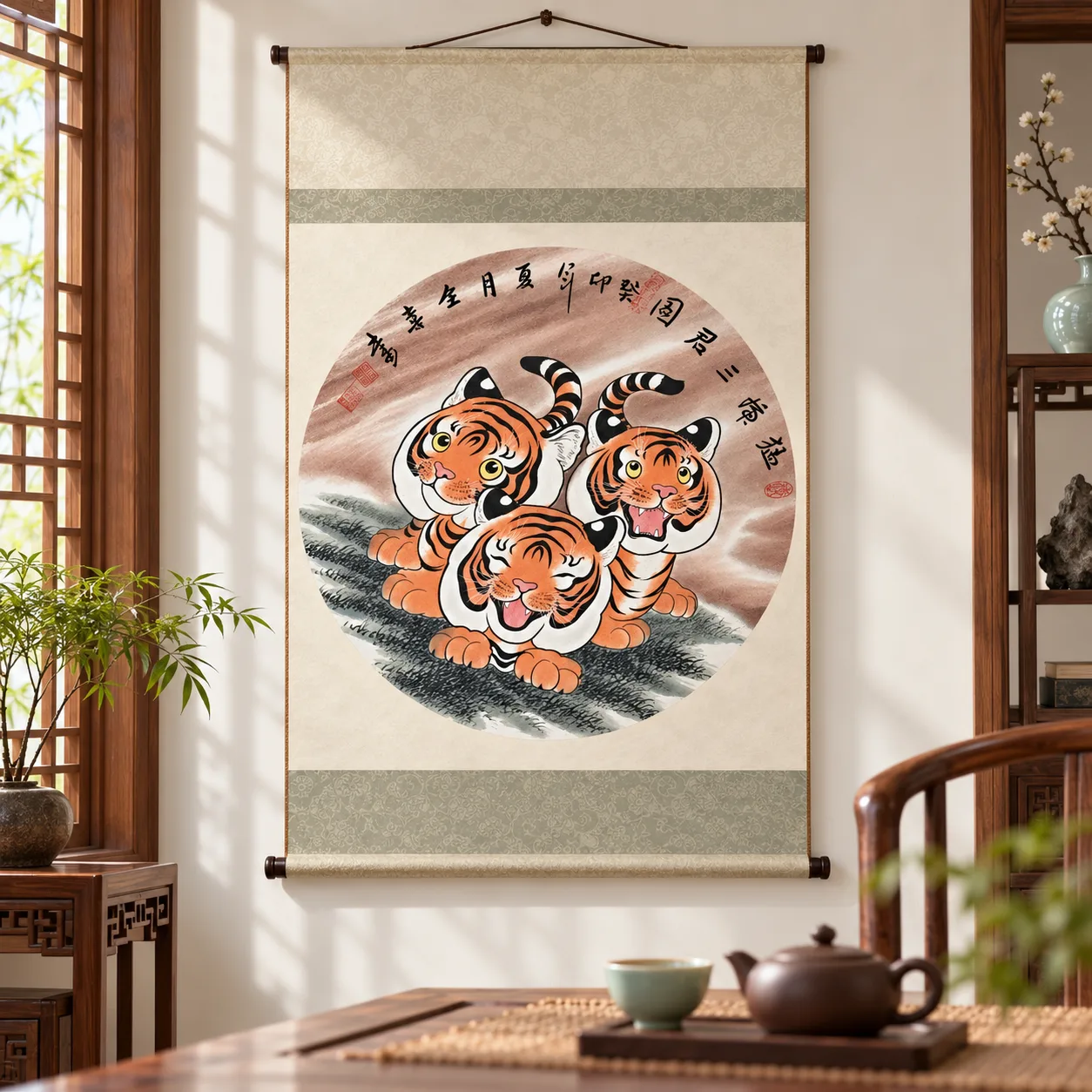 Three Young Tigers | Round Fan Chinese Painting tiger painting view 6