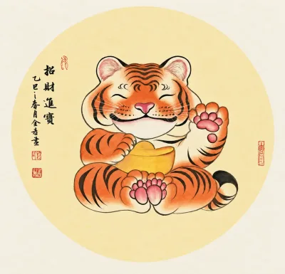Beckoning Tiger with Gold Ingot | Round Fan Chinese Painting