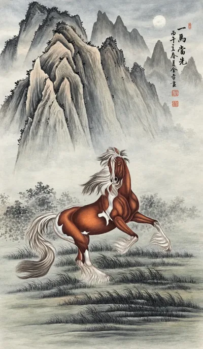 Lead Horse under the Moon | Chinese Gongbi Painting