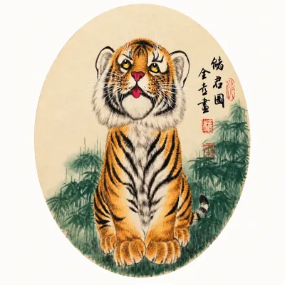 Little Tiger Cub in Bamboo | Cute Chinese Painting