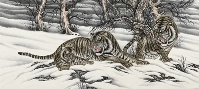 Three Tigers in the Snow Field | Ink Winter Tiger Group