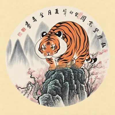 Tiger Climbs to the Summit | Round Fan Chinese Painting