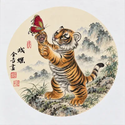 Tiger Cub Chasing a Butterfly | Cute Chinese Painting