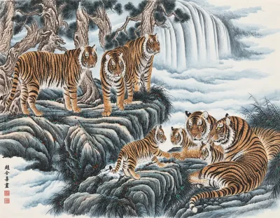 Tiger Family in the Cloud Mountains | Mountain Tiger Scroll