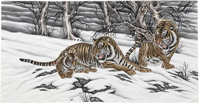 Tiger Family in the Snow | Chinese Gongbi Painting