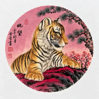 Tiger Gazing from a Crimson Rock | Chinese Painting