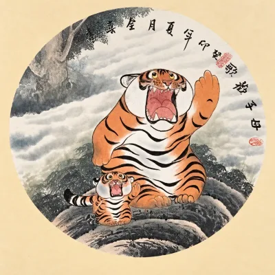 Tiger Mother and Cub | Round Fan Chinese Painting