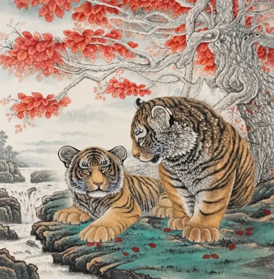 Two Tigers in the Autumn Grove | Chinese Painting