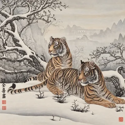 Two Tigers in Winter Snow | Chinese Gongbi Tiger Painting