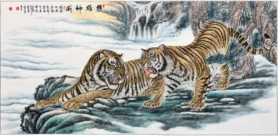 Two Tigers on the Misty Cliff | Chinese Tiger Painting