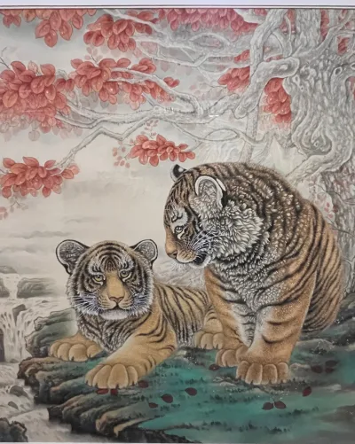 Two Tigers, One Glance | Autumn Leaf Tiger Painting