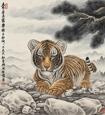 Young Tiger beneath the Pine | Chinese Gongbi Painting