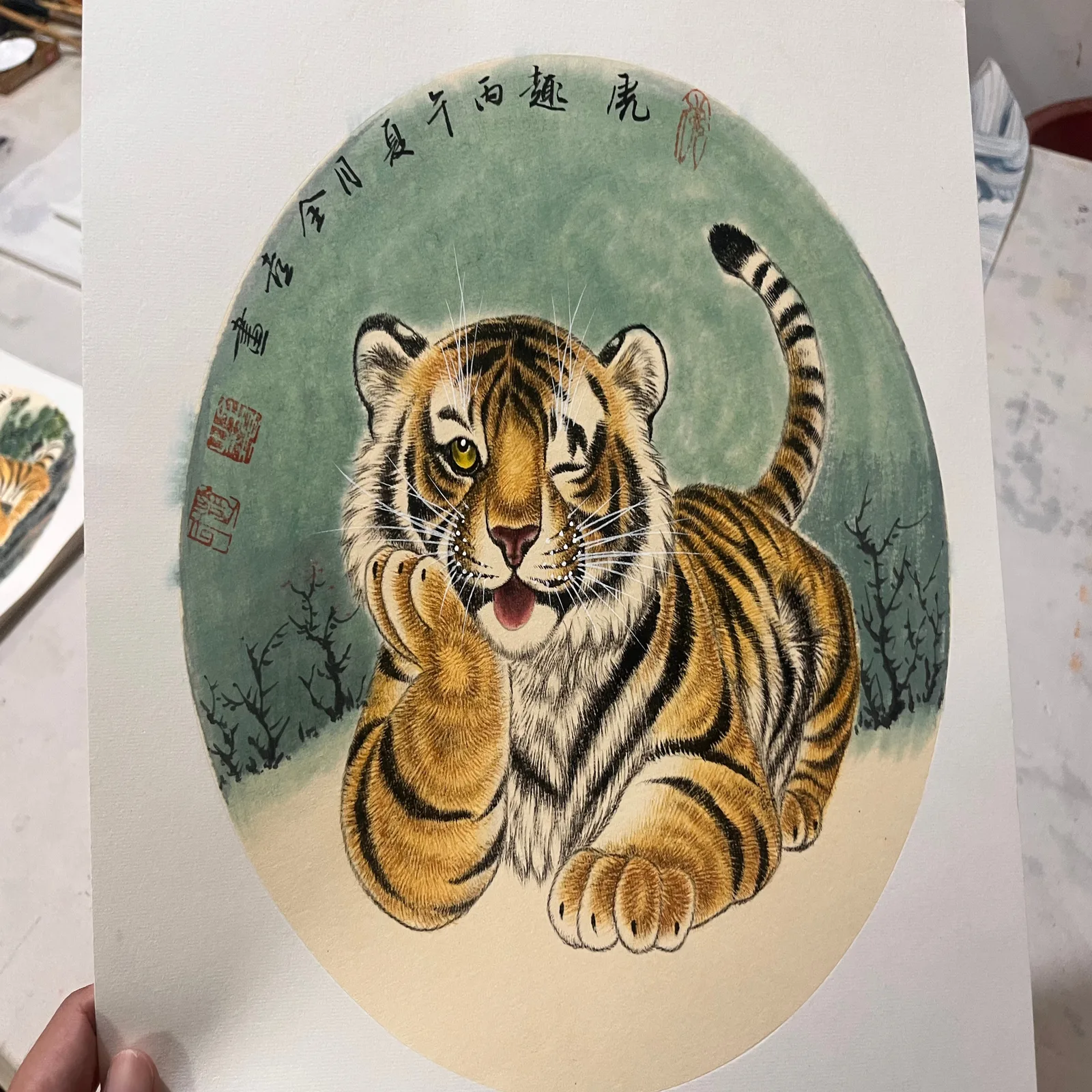 Tiger at Play | Seated Chinese Tiger Cub Painting tiger painting view 2